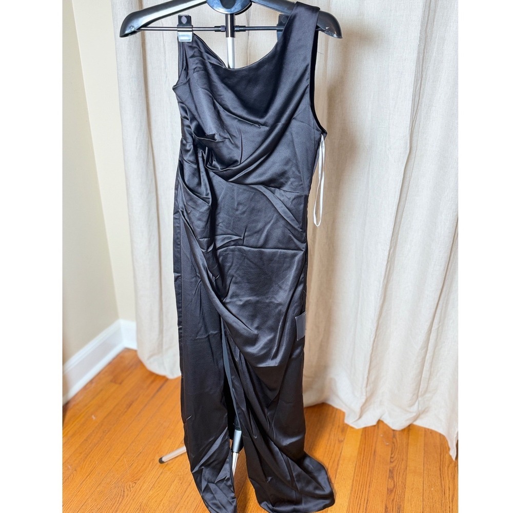Lulus Black Satin Maxi Dress Large Draped Wedding Guest Black Tie Gown NWT